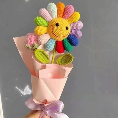 Ein guter Preis. Farbenfrohe Strickpfeiler Sonnenblumen-Bouquet Ewige Blumen Regenbogen künstliche Sonnenblumen DIY Garn Blumenarrangement Online
