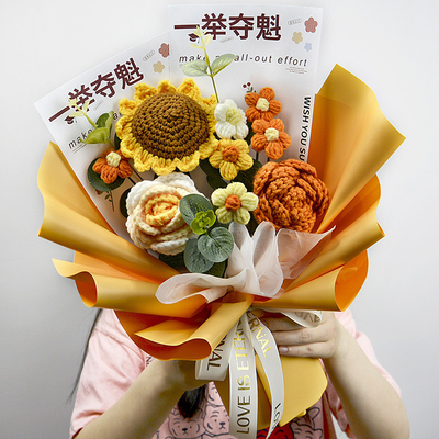Handgewebte Sonnenblumenwollsträuße, Fertigprodukte, Abschluss des Studiums grenzüberschreitender Export gestrickte künstliche Blumen
