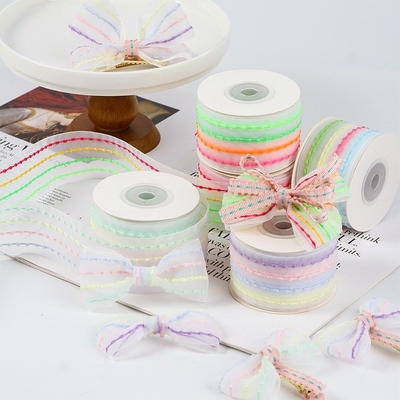 Ein guter Preis. Vierfarbige gestreifte Blase durchsichtiges Gaze Band Haarzubehör DIY Bogenmaterial Blumenstrauß Verpackung Band Online