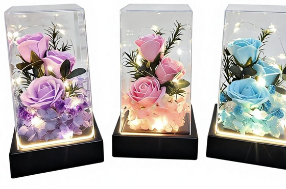 Ein guter Preis. 520 Ewiger Blumen-Seifenstrauß, quadratisch, Glasabdeckung, Nachtlicht, Rose, 3 Seifenblumen, Valentinstag, Muttertag, Geburtstagsgeschenk Online