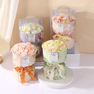 Ein guter Preis. Handgefertigter Rosen-Seifenblumenstrauß zum Muttertag, mehrfarbige runde Papierbox mit PVC-Hülle, 17 x 20 cm, anpassbares Logo, Festival-Blumengeschenk Online